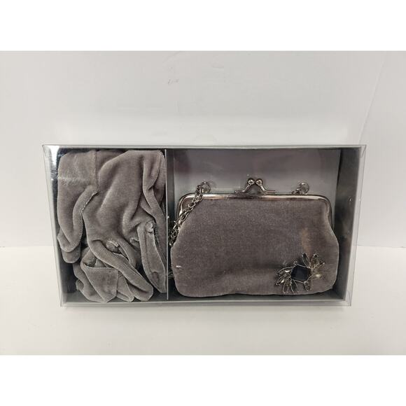 VTG Kmart Holiday Boxed Accessory Set Purse Gloves Brooch Pin Velvet Gray - Picture 1 of 5